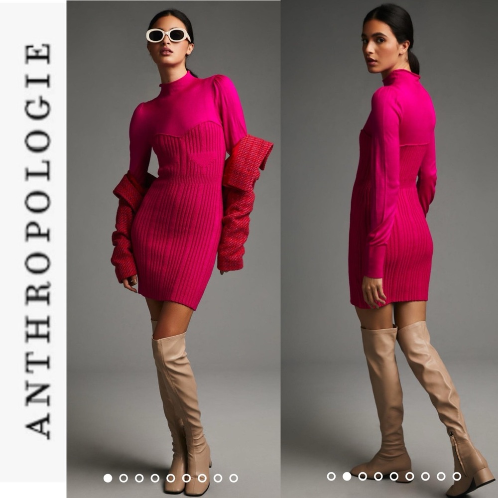 NEW Hot Pink Anthropologie Turtleneck Sweater Dress m - Picture 1 of 16